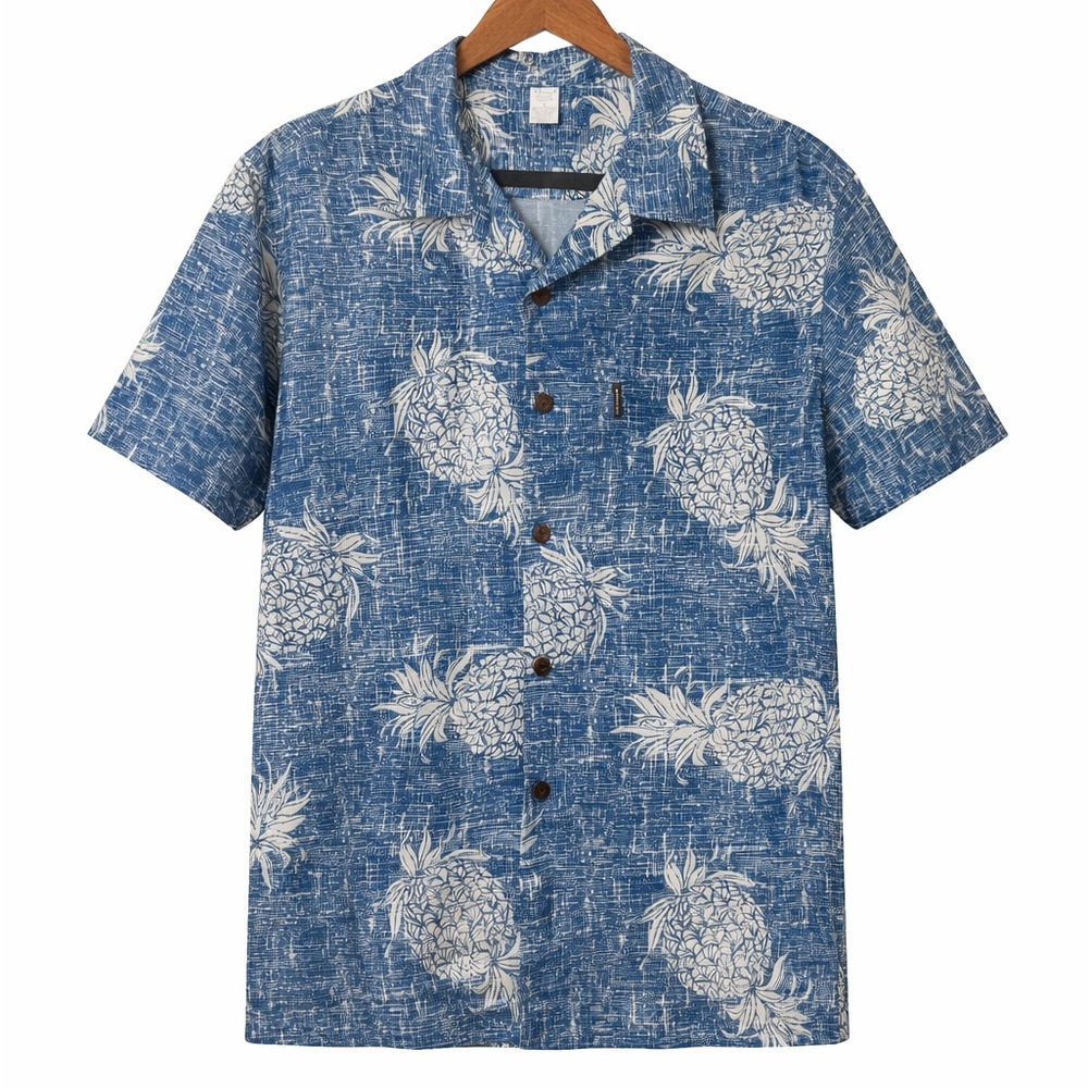 Men's Blue Pineapple-Print Short-Sleeve Button-Down Shirt by